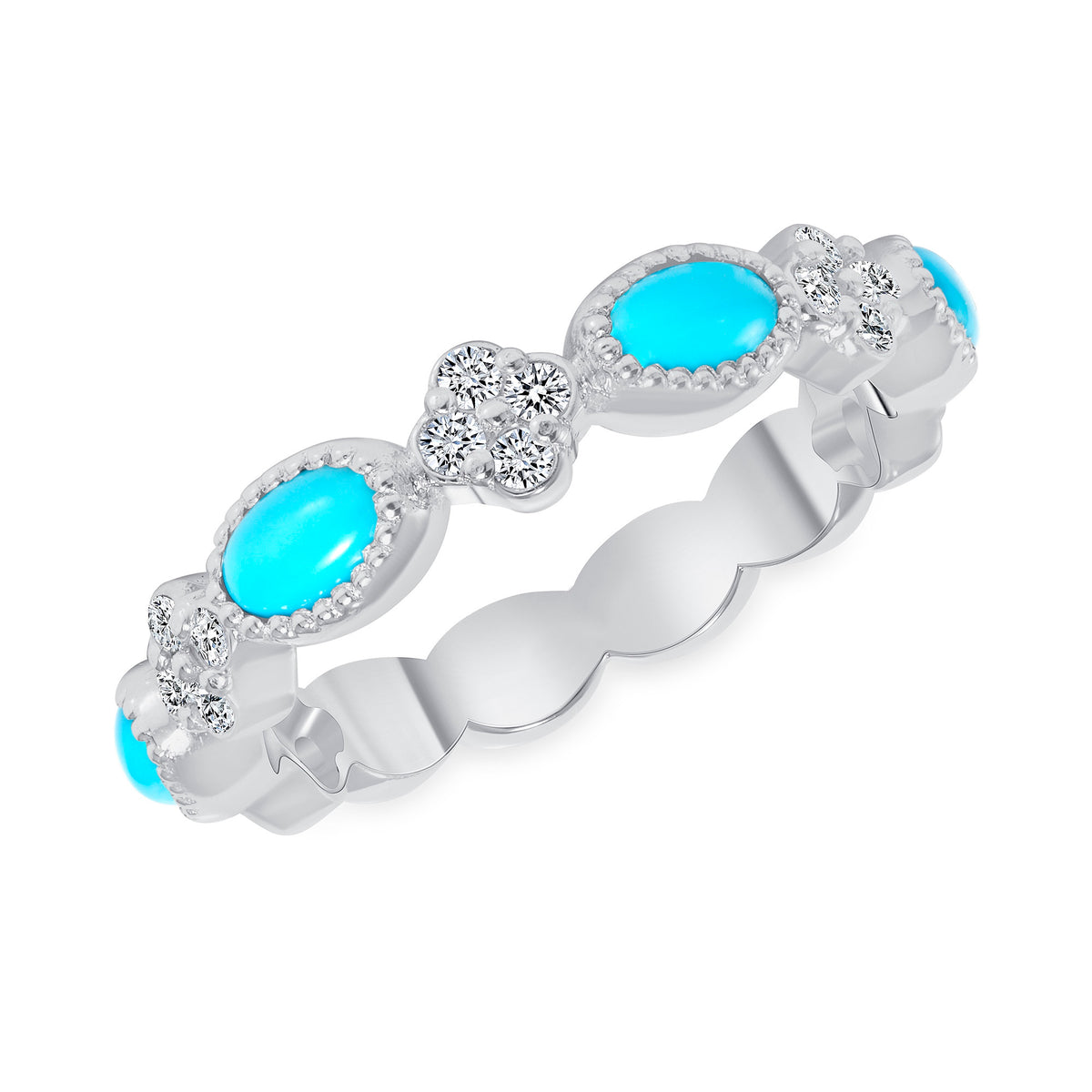 14K Gold Diamond clover and Milgrain Turquoise Stackable Ring - Abtin & Company 