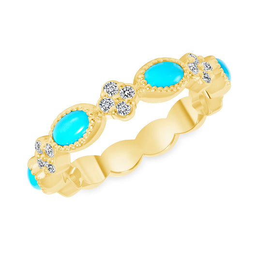 14K Gold Diamond clover and Milgrain Turquoise Stackable Ring - Abtin & Company 
