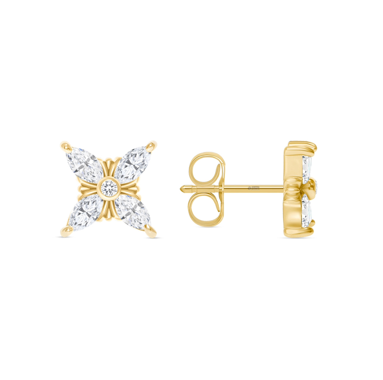 14K Gold Floral Style Marquise-cut Diamond Stud Earrings - Abtin & Company 