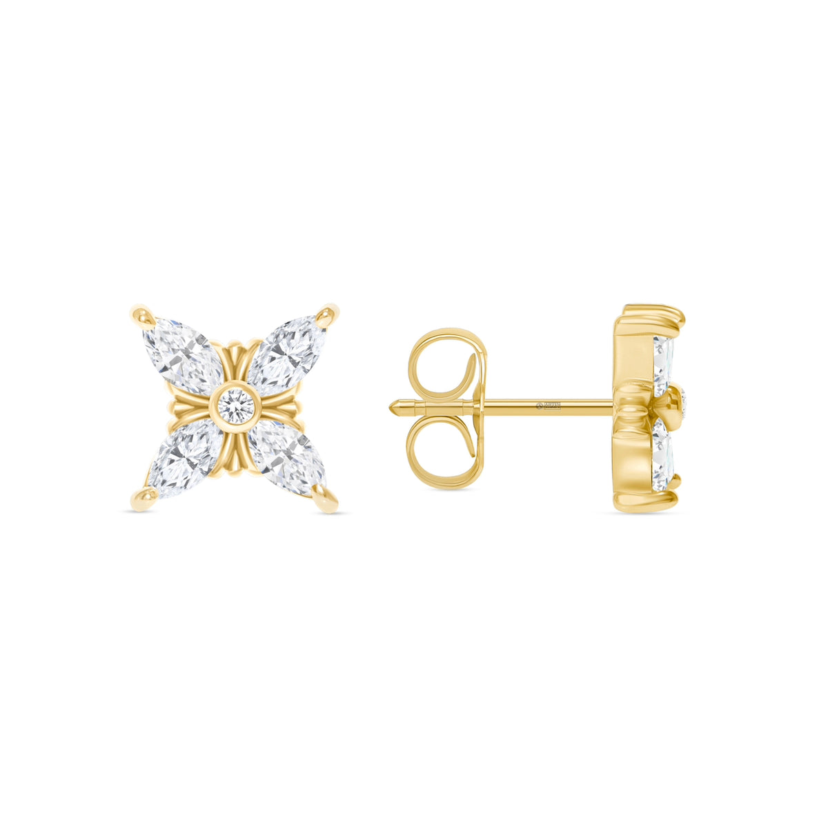 14K Gold Floral Style Marquise-cut Diamond Stud Earrings - Abtin & Company 