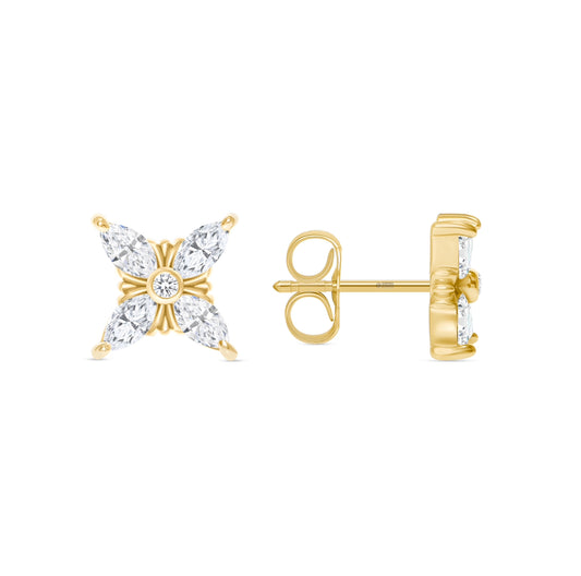 14K Gold Floral Style Marquise-cut Diamond Stud Earrings - Abtin & Company 