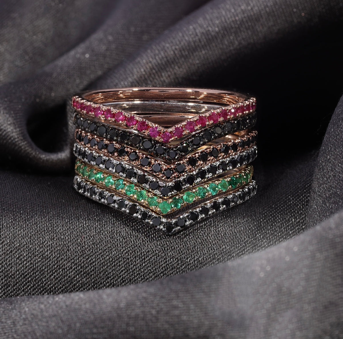 14K White Gold Black Diamond Chevron Stackable Band - Abtin & Company 