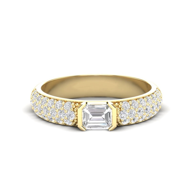 14K Gold Emerald Cut Diamond & Pave Ring Wedding Band - Abtin & Company 