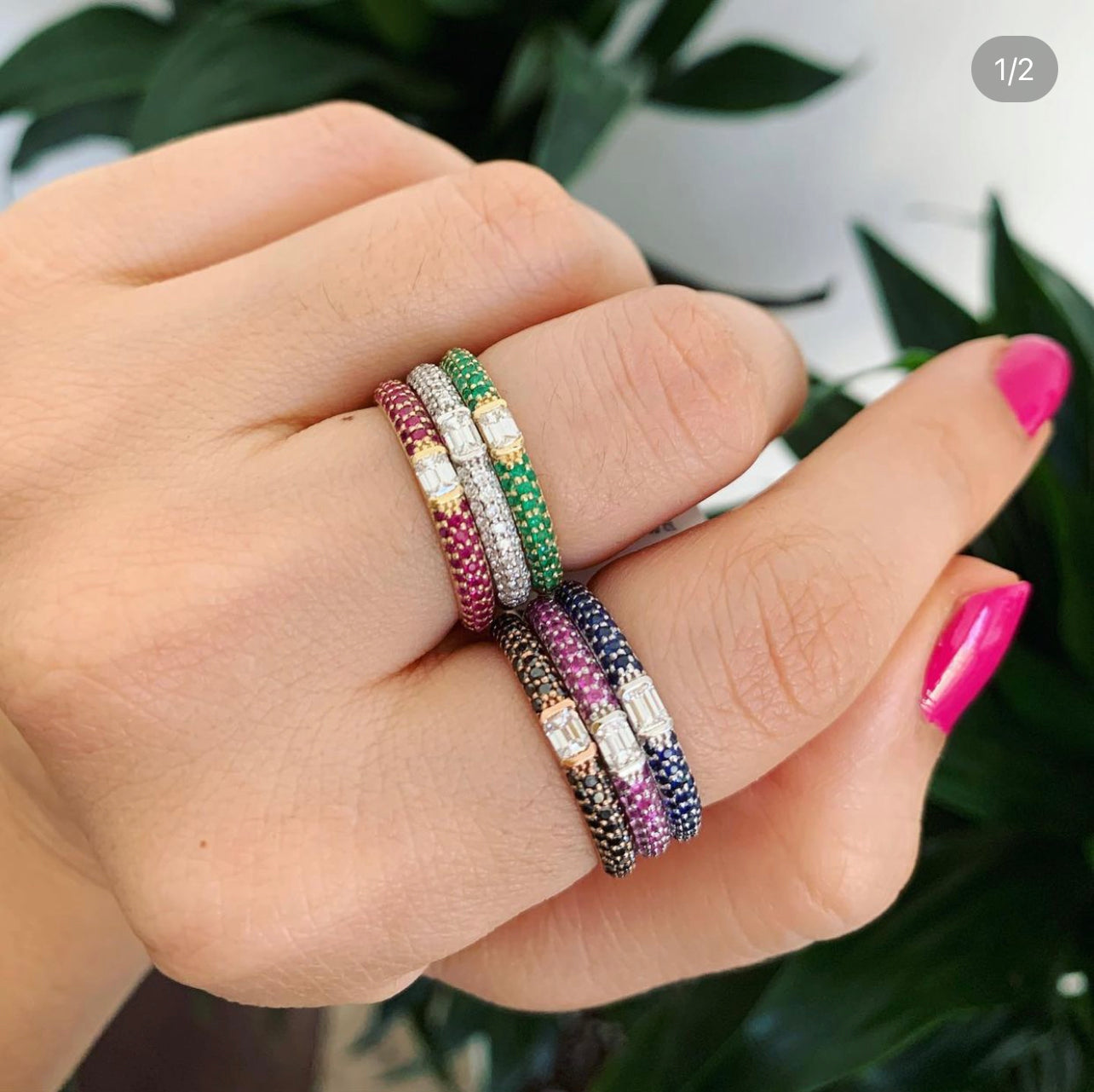 14K White Gold Ruby & Emerald-cut Diamond Half Eternity Stackable Ring - Abtin & Company 