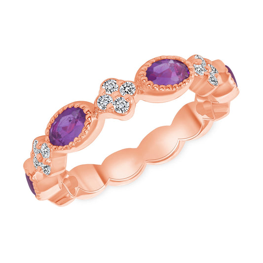 14K Rose Gold Diamond Clover And Milgrain Amethyst Stackable Ring - Abtin & Company 