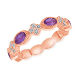 14K Rose Gold Diamond Clover And Milgrain Amethyst Stackable Ring - Abtin & Company 