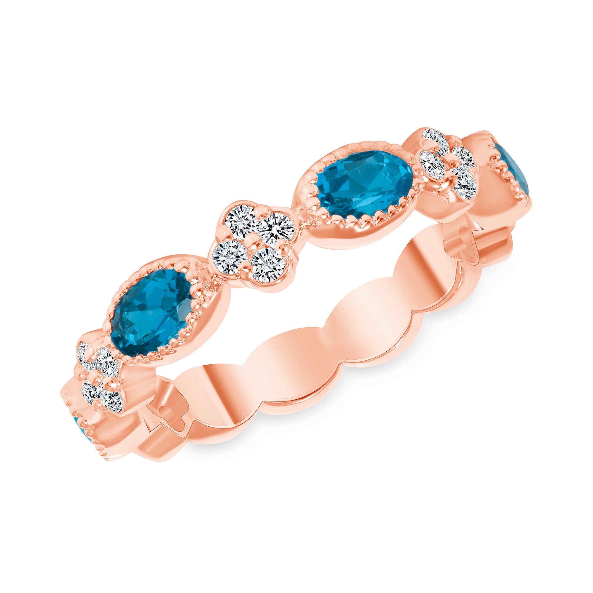 14K Rose Gold Diamond Clover & Milgrain London Blue Topaz Stackable Ring - Abtin & Company 