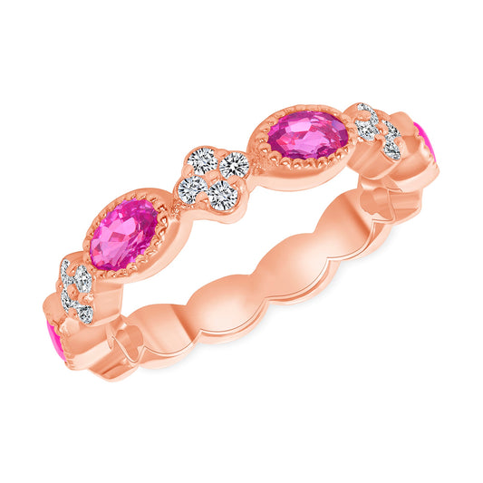 14K Rose Gold Diamond Clover and milgrain pink sapphire Stackable Ring - Abtin & Company 