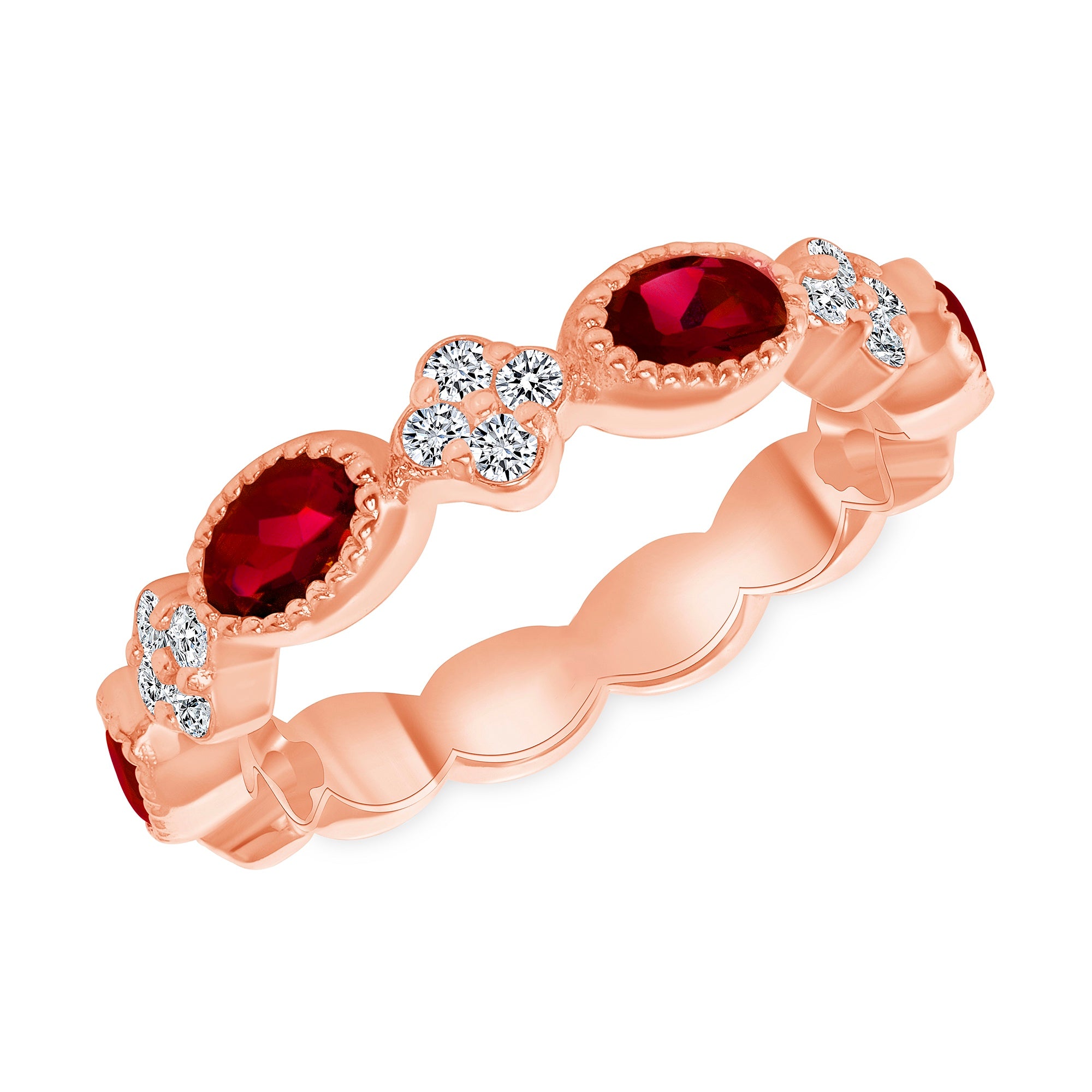 14K Rose Diamond Clover & Milgrain Ruby Stackable Ring - Abtin & Company 