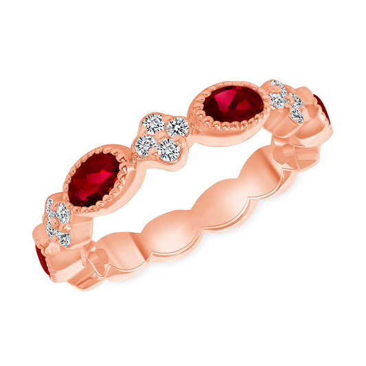 14K Rose Diamond Clover & Milgrain Ruby Stackable Ring - Abtin & Company 