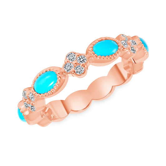 14K Gold Diamond clover and Milgrain Turquoise Stackable Ring - Abtin & Company 