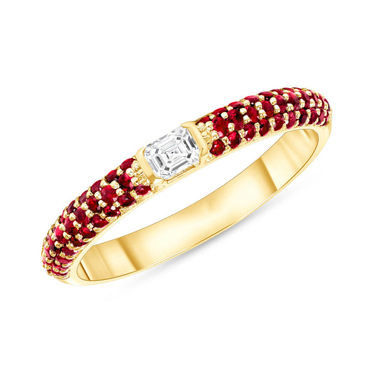14K Yellow Gold Ruby & Emerald-cut Diamond Half Eternity Stackable Ring - Abtin & Company 