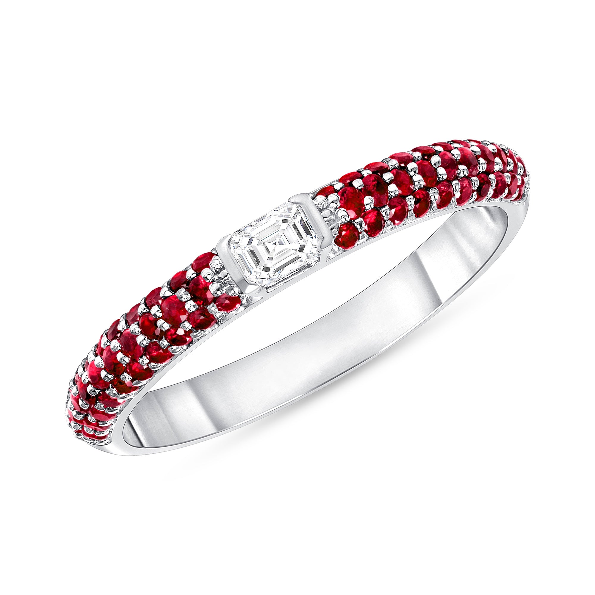 14K White Gold Ruby & Emerald-cut Diamond Half Eternity Stackable Ring - Abtin & Company 