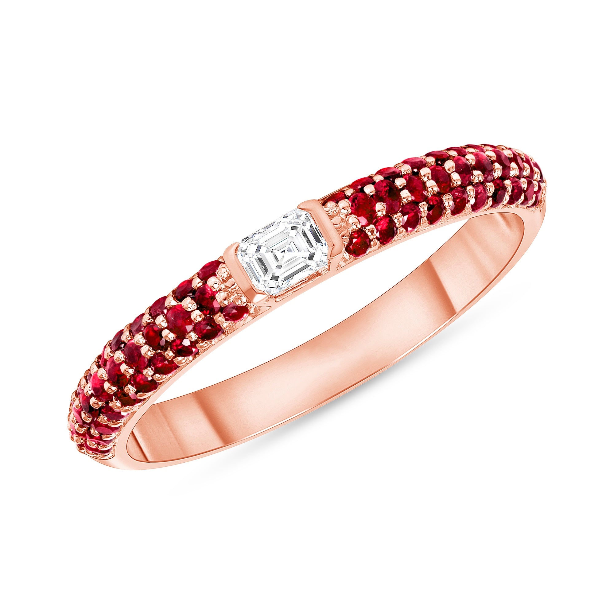 14K Rose Gold Ruby & Emerald-cut Diamond Half Eternity Stackable Ring - Abtin & Company 