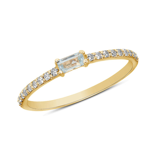 14K Yellow Gold Diamond & Aquamarine Baguette Stackable Minimal Dainty Band - Abtin & Company 