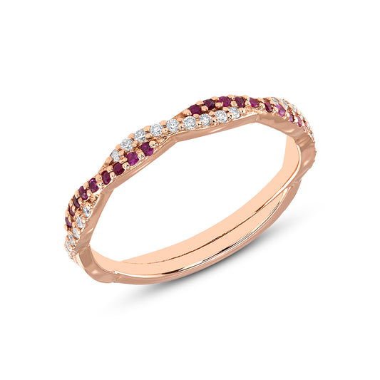 14K Rose Gold Twisted Braid Diamond & Ruby Ring Stacking Band - Abtin & Company 