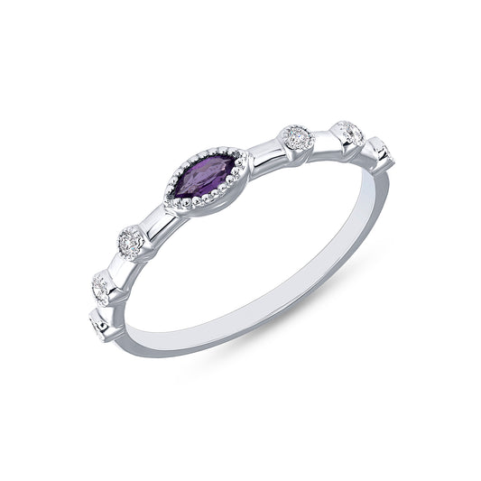 14K White Gold Marquise Amethyst & Diamond Bezel Stacking Band - Abtin & Company 