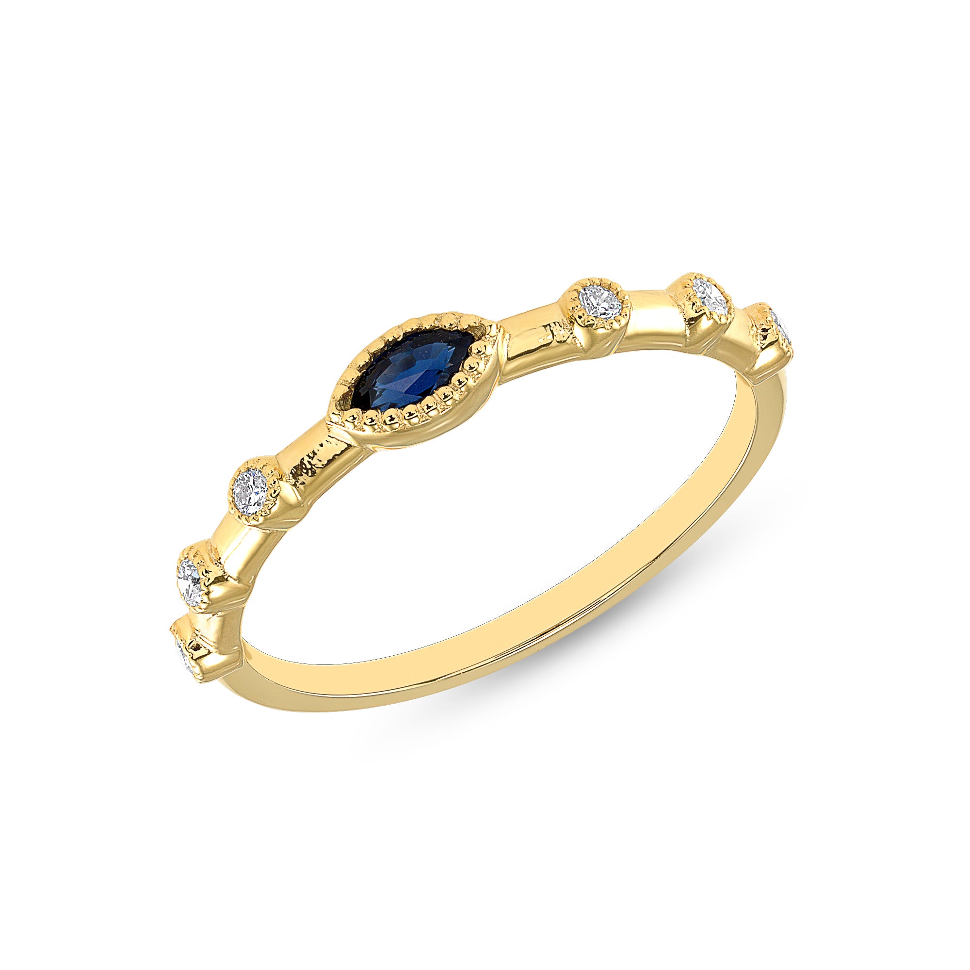 14K Yellow Gold Marquise Blue Sapphire & Diamond Bezel Set Stacking Band - Abtin & Company 