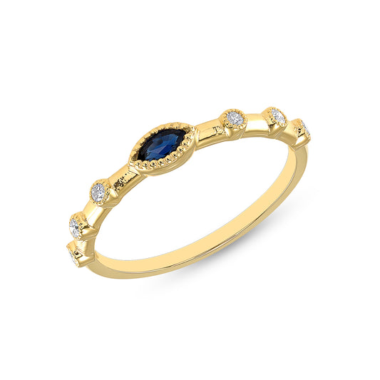 14K Yellow Gold Marquise Blue Sapphire & Diamond Bezel Set Stacking Band - Abtin & Company 