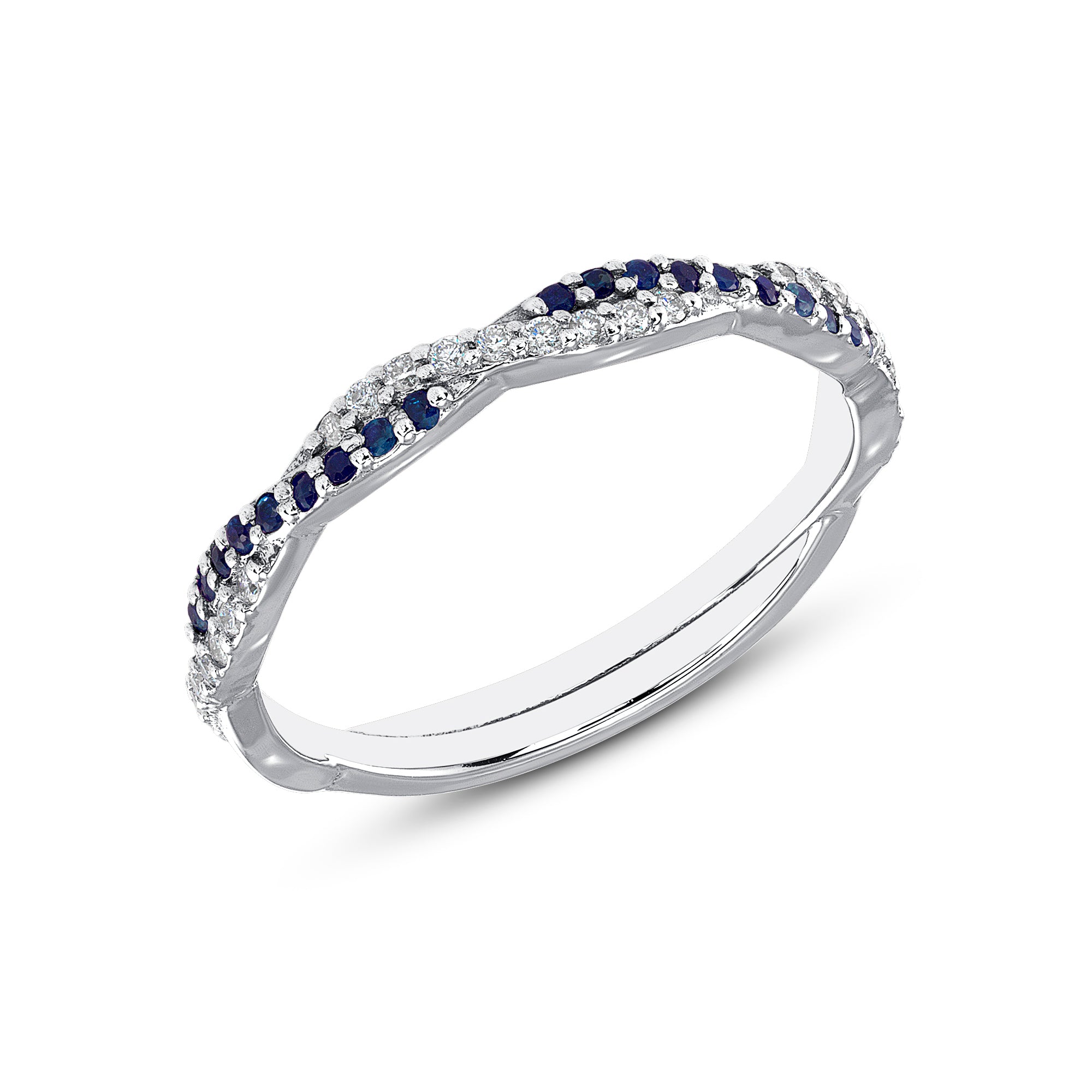 14K White Gold Twisted Braid Diamond & Blue Sapphire Ring/Stacking Band - Abtin & Company 