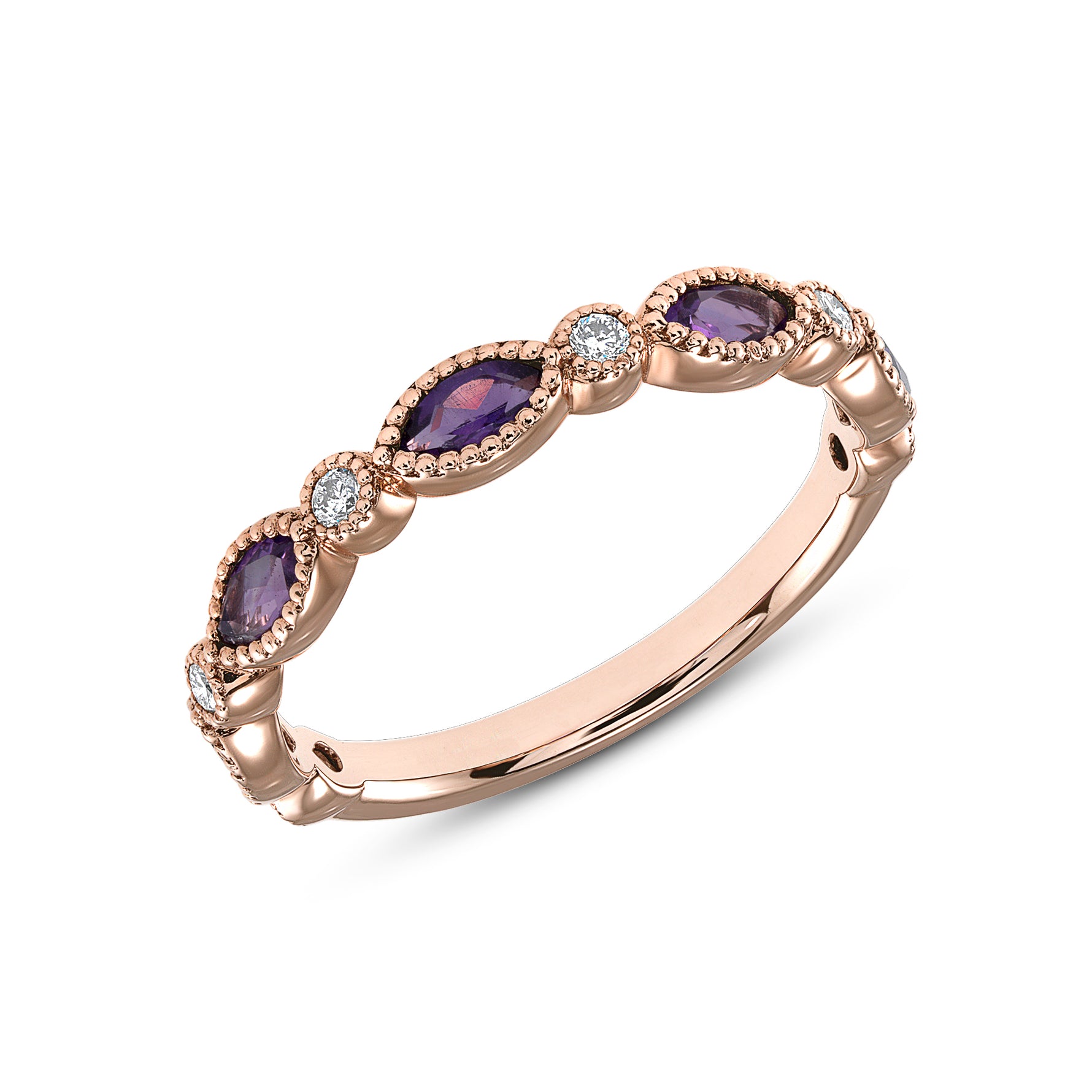 14K Gold Marquise Amethyst & Diamond Bead Stacking Band - Abtin & Company 