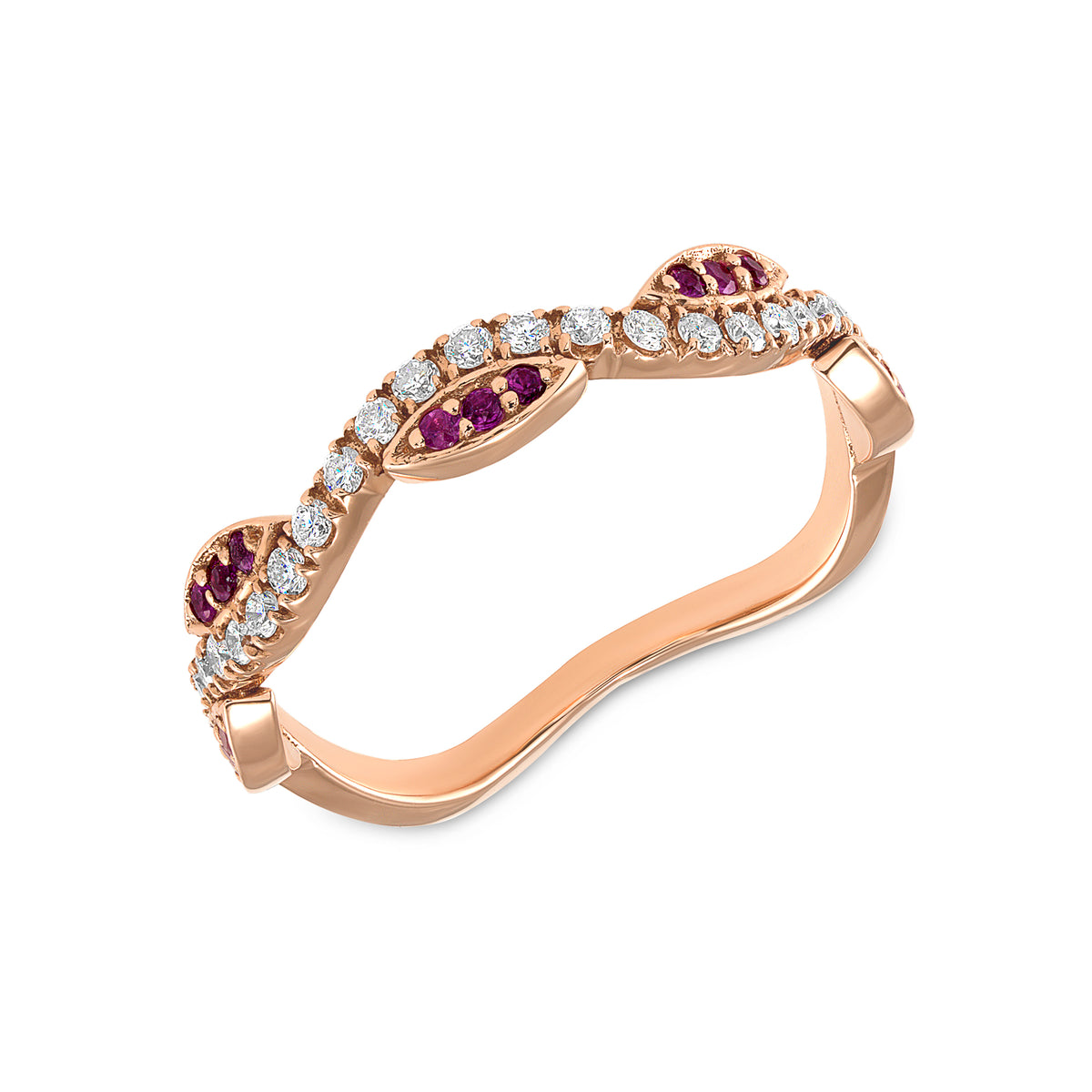 14K Rose Gold Pink Sapphire & Diamond Wave Stacking Ring - Abtin & Company 
