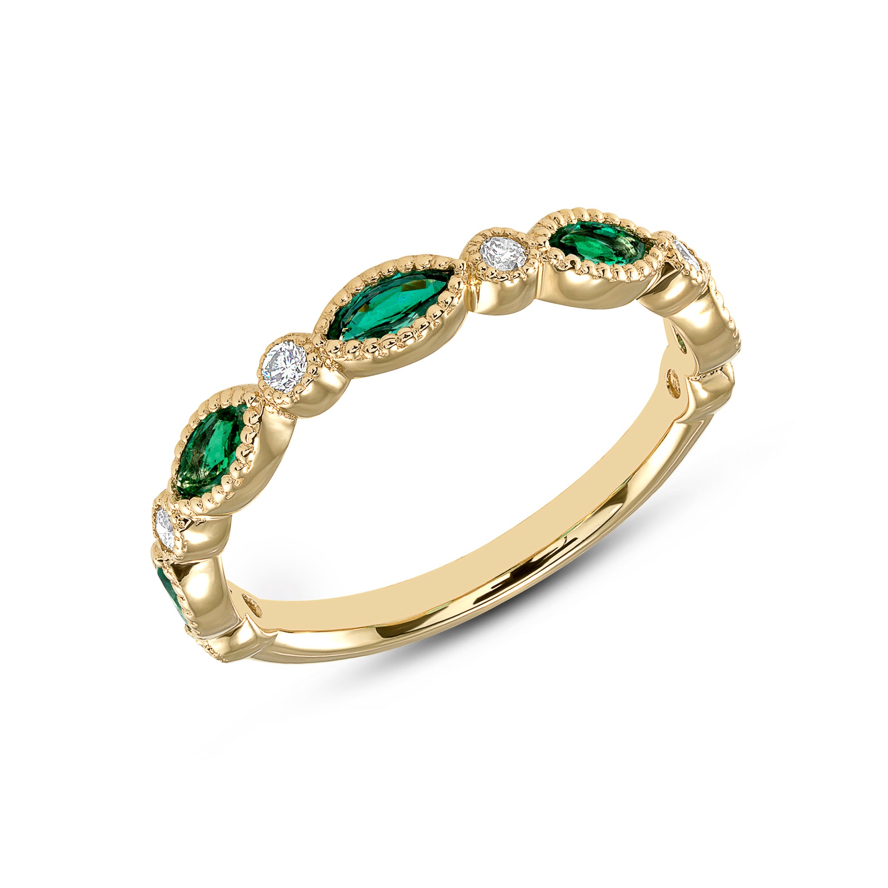 14K Gold Marquise Emerald & Diamond Bezel Set Stacking Band - Abtin & Company 