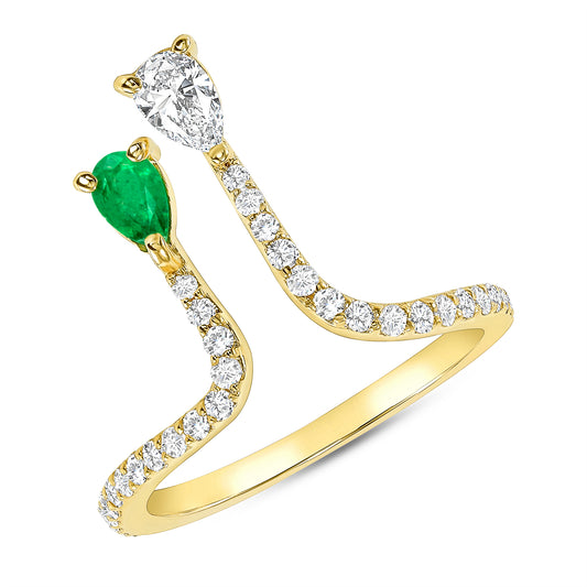 14K Yellow Gold Pear Shape Diamond & Emerald Double Bar Fashion Ring - Abtin & Company 