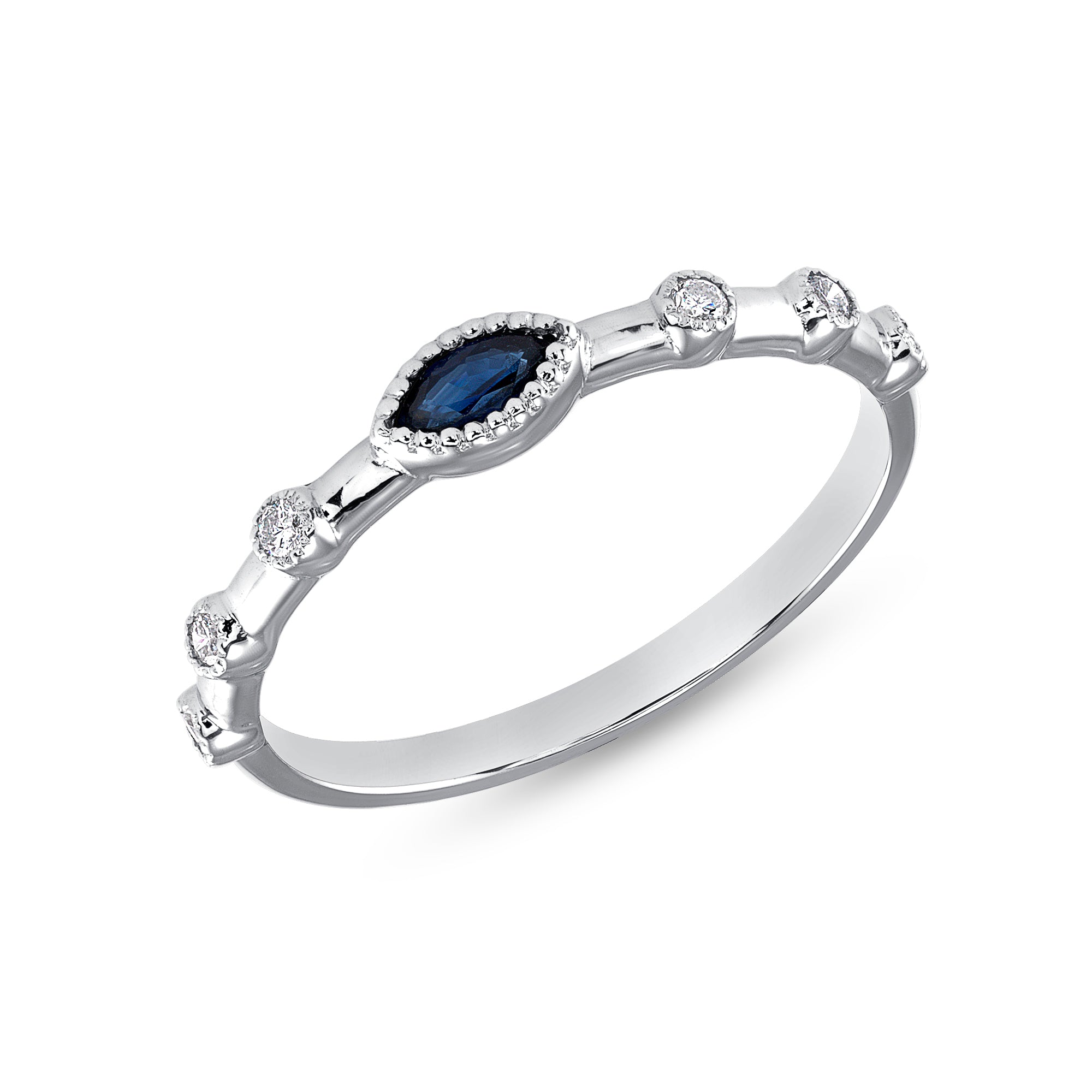 14K White Gold Marquise Blue Sapphire & Diamond Bezel Set Stacking Band - Abtin & Company 