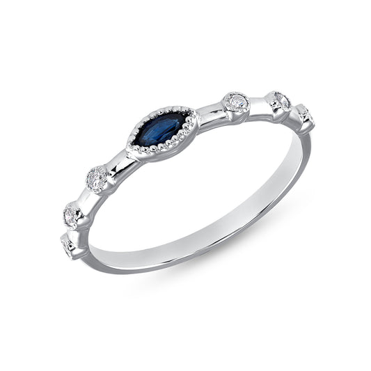 14K White Gold Marquise Blue Sapphire & Diamond Bezel Set Stacking Band - Abtin & Company 
